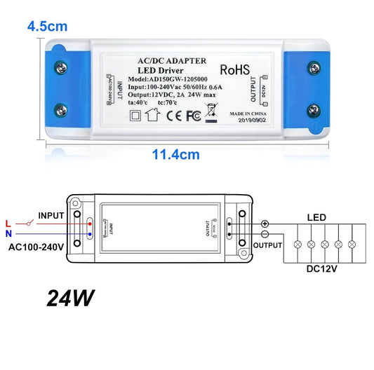 LED Transformer 24W 12V DC Power Supply Adapter – 240V AC to 12V DC 2A LED Driver for LED Strip Lights, Cabinet Lights, MR11/MR16 Bulbs & Ring Doorbell