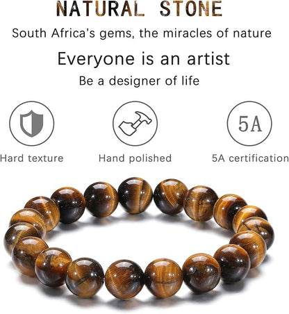 Lucky Brown and Black Tiger Eye Natural Stone Bracelet, Elastic with 8 mm Beads
