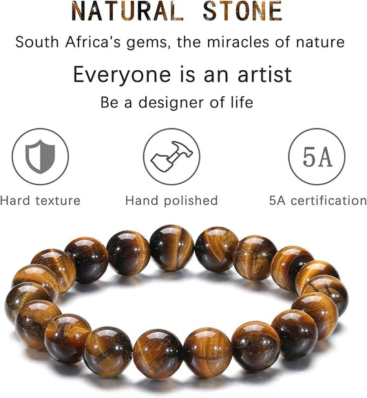 Lucky Brown and Black Tiger Eye Natural Stone Bracelet, Elastic with 8 mm Beads
