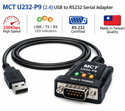 MCT U232-P9 (2.4) USB to RS232 COM Port DB-9 Serial Adapter | High Speed 230Kbps USB Serial Converter | RS-232 Certified | Made in Taiwan | LED Link / TX / RX