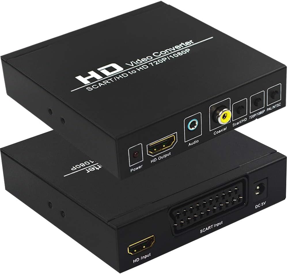 SCART to HDMI, Scart Converter Video Audio Box, HD Video Converter Scart to HDMI Adapter with PAL/NTSC Video Scaler, 1080P/720P Support HDMI, 3.5mm Coaxial Audio Out for TV and DVD Player
