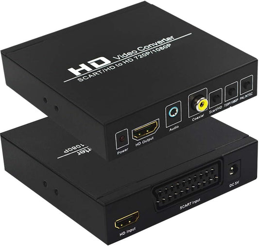 SCART to HDMI, Scart Converter Video Audio Box, HD Video Converter Scart to HDMI Adapter with PAL/NTSC Video Scaler, 1080P/720P Support HDMI, 3.5mm Coaxial Audio Out for TV and DVD Player