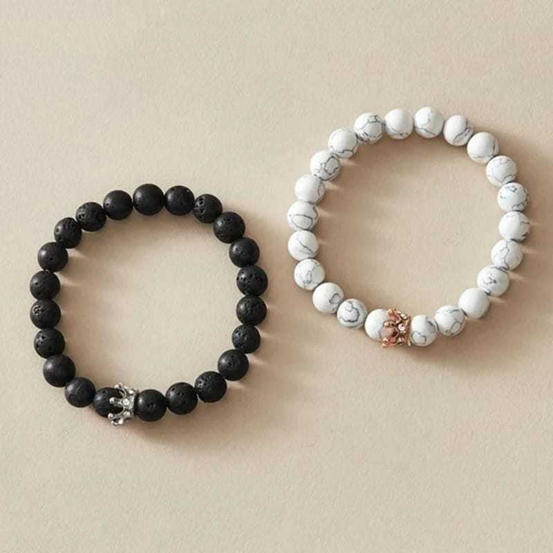 2pice Kirykle 8mm Black White Natural Lava Stone Rhinestone Decor Crown Bracelet Beads Bracelets for Men Women Couples Jewelry Gift