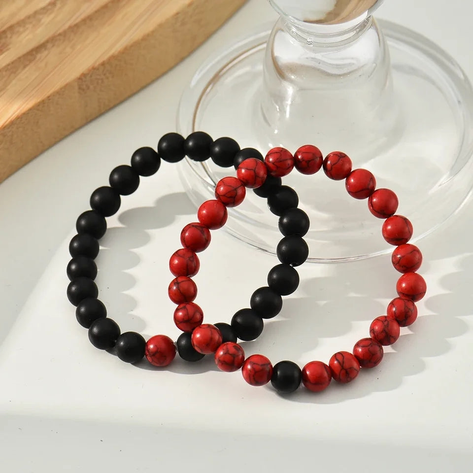 2Pcs Couples Long Distance Bracelet Natural Natural Stone Red Black Yin Yang Beaded Bracelets for Men Women Best Friend