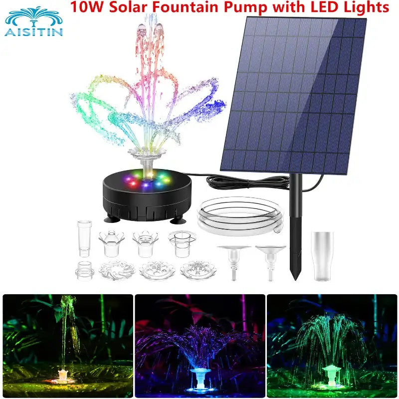 10W Solar Fountain Pump with LED Colorful Lights & 5000 mAh Battery, DIY Water Feature Kit for Outdoor with Pipe, Solar Powered Water Fountain Pump for Bird Bath, Garden, Po.nds and Outdoor
