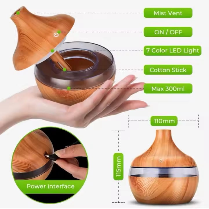 Mini LED Ultrasonic Humidifier – 300ML | Cool Mist | USB Powered | Multicolor Night Light | Light Wood Grain,