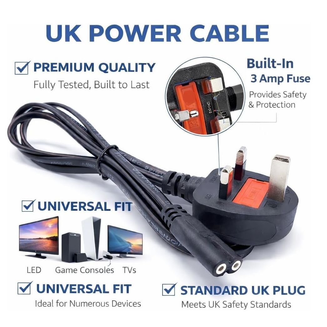 Universal UK Plug 2 Prong Power Cord – 2 Meter AC Power Cable for LED TV, Printer, Gaming Console, Kettle & More