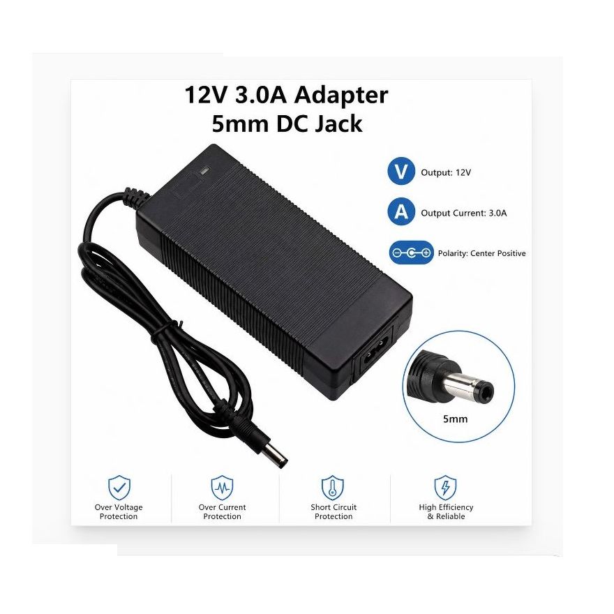 12V 3A Power Adapter with 5mm DC Jack – 100-240V AC Input, 12V 3A Power Adapter with 5mm x 3.5mm Center Pin DC Jack – AC 100-240V | Stable DC Power Supplycm Cable, Stable DC Power Supply
