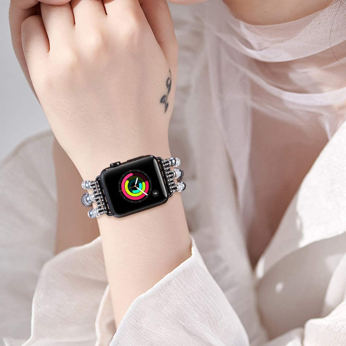new fashion I Watch Band, Fashion Handmade Elastic Stretch Faux Pearl Bracelet Replacement Women Girls iWatch Bands Strap for I Watch Series 3/2 / 1 38mm -  Black Gray