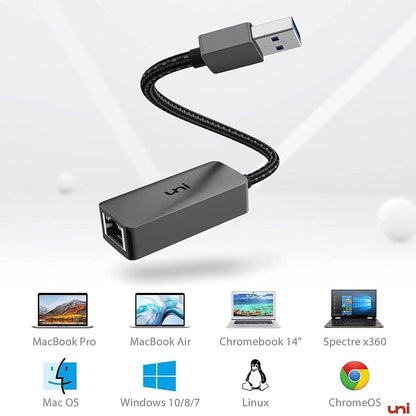 USB to Ethernet Adapter, uni Driver Free USB 3.0 to 100/1000 Gigabit Ethernet LAN Network Adapter, RJ45 Internet Adapter Compatible with MakBook, Surface, Notebook PC with Windows, XP, Vista, Mak/Linux