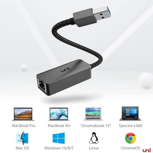 USB to Ethernet Adapter, uni Driver Free USB 3.0 to 100/1000 Gigabit Ethernet LAN Network Adapter, RJ45 Internet Adapter Compatible with MakBook, Surface, Notebook PC with Windows, XP, Vista, Mak/Linux