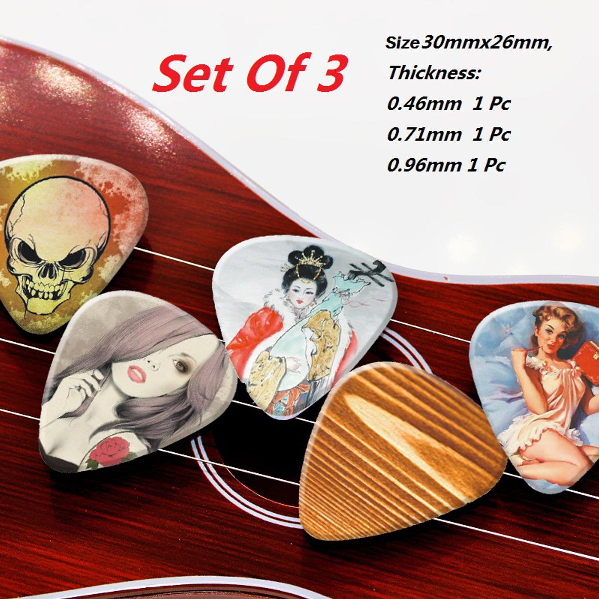 Guitar Picks Set of 3 Pcs 1 Pcs Each Thickness:0.46mm / 0.71mm / 0.96mm Size：30mmx26mm A One World Hi Quality Products