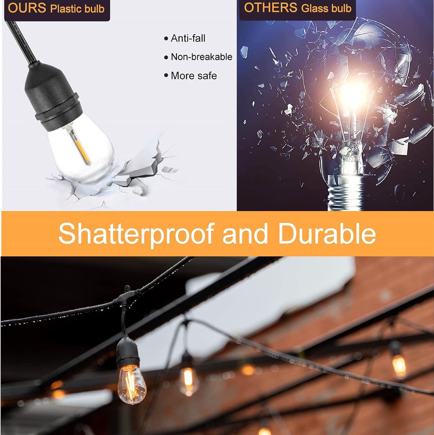 S14 Outdoor String Lights – mains powered, 128 FT, 38 plastic LED bulbs, IP65 waterproof, heavy-duty festoon lights for backyard/patio/café/balcony/party/wedding
