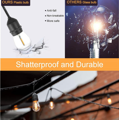 S14 Outdoor String Lights – mains powered, 128 FT, 38 plastic LED bulbs, IP65 waterproof, heavy-duty festoon lights for backyard/patio/café/balcony/party/wedding