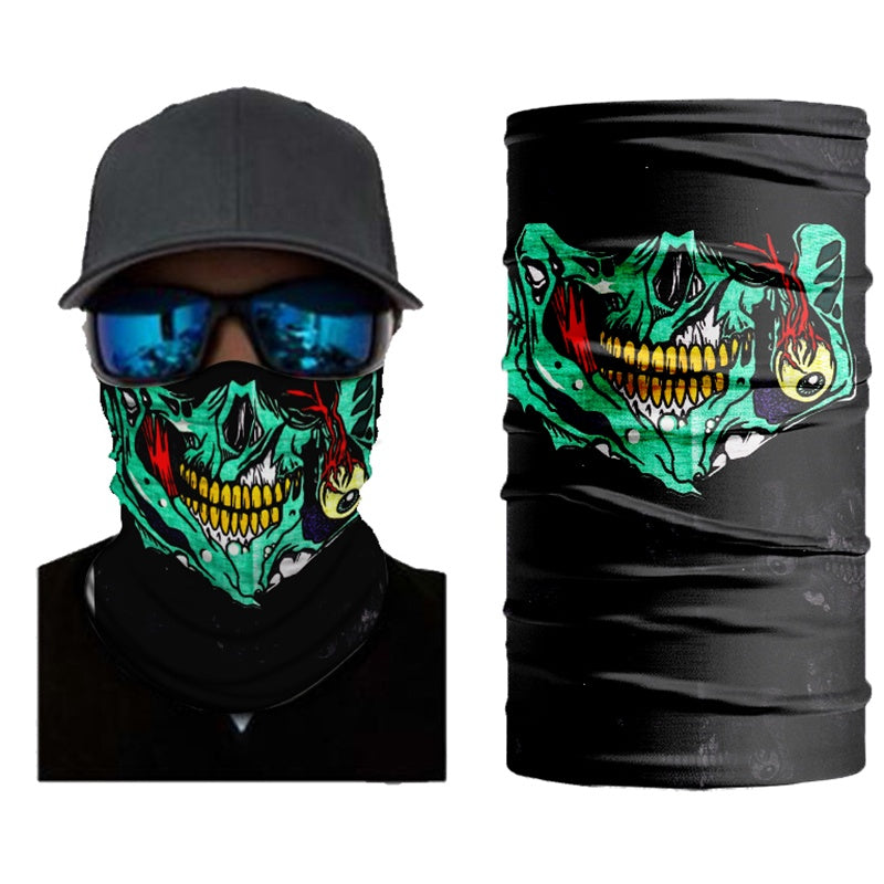 Person wearing a green skull face mask with a matching black cap featuring a similar design, bike riding mask Pakistan.