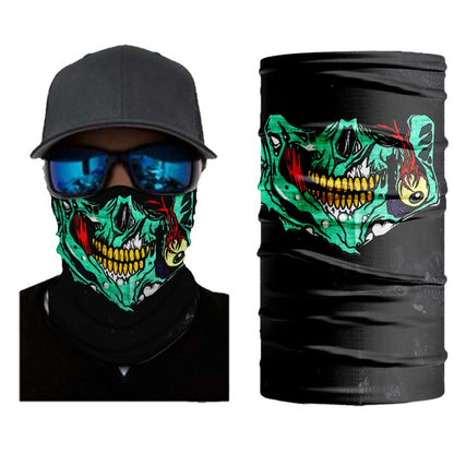 Person wearing a green skull face mask with a matching black cap featuring a similar design, bike riding mask Pakistan.