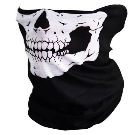 Black neck gaiter with a white skull design, bike riding mask Pakistan, on a white background.