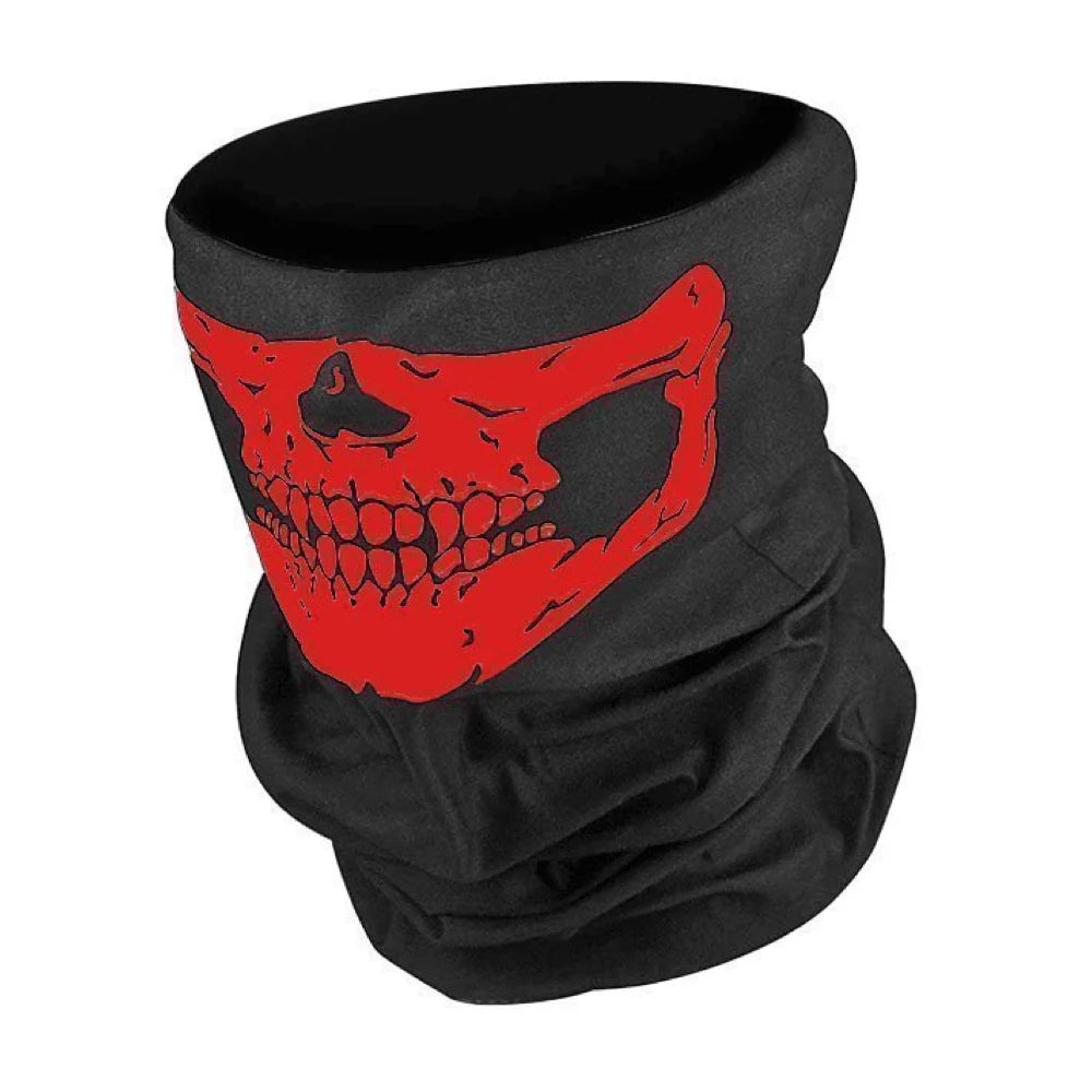 Black neck gaiter with a red skull design, bike riding mask Pakistan, on a white background.