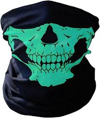 Neon green skull design on a black face mask, bike riding mask Pakistan.