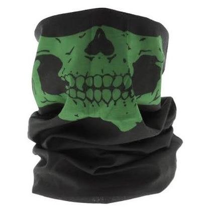 Black and green skull-patterned neck gaiter, bike riding mask Pakistan, on a white background.