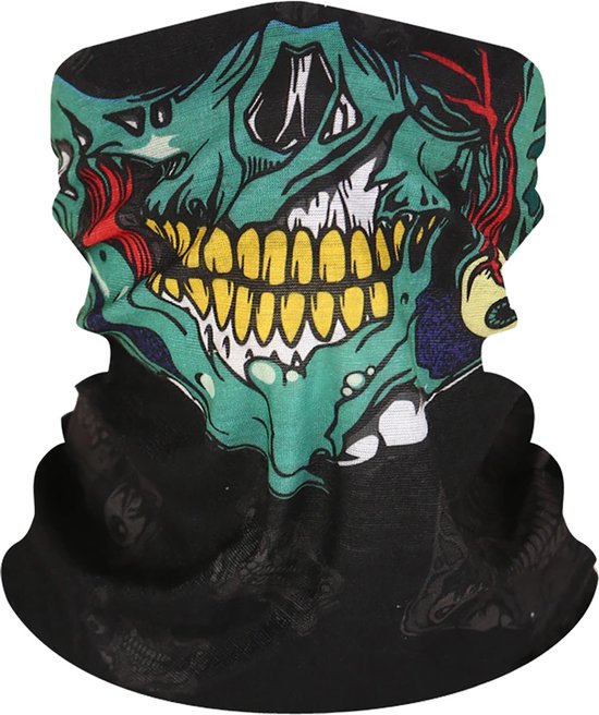 Colorful neck gaiter with a graphic design of a face with a wide grin, bike riding mask Pakistan, on a black background.
