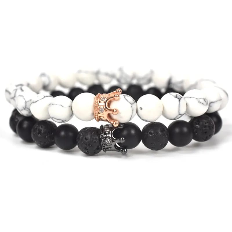 2pice Kirykle 8mm Black White Natural Lava Stone Rhinestone Decor Crown Bracelet Beads Bracelets for Men Women Couples Jewelry Gift