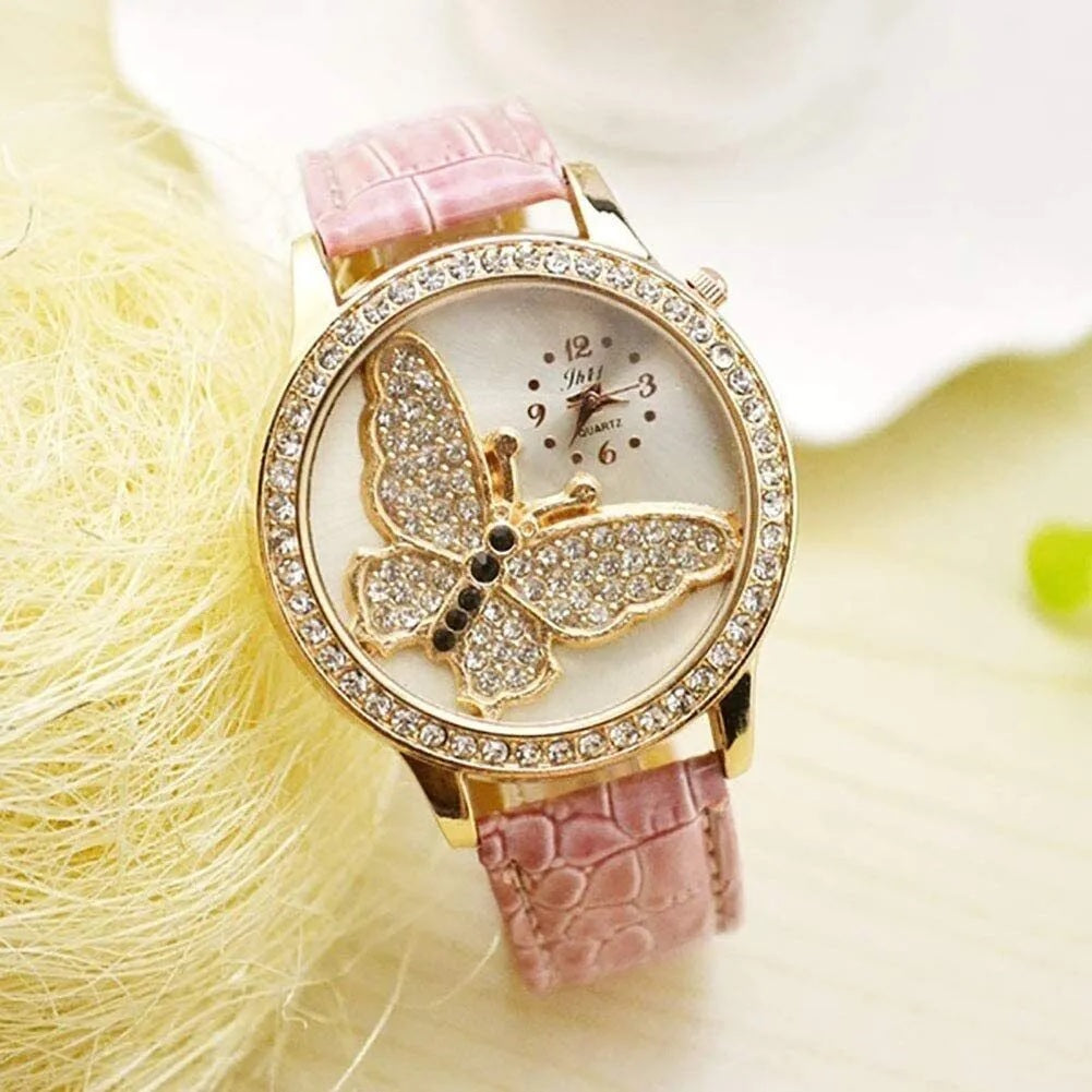 Round Butterfly Rhinestone Faux Leather Band Analog Women Quartz Wristwatch