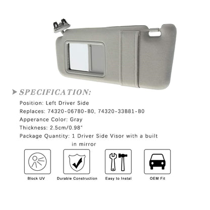 Left Driver Side Sun Visor Replacement for Toyota Camry 2007–2011 | Beige Sunshade Without Sunroof | Camry Hybrid Compatible