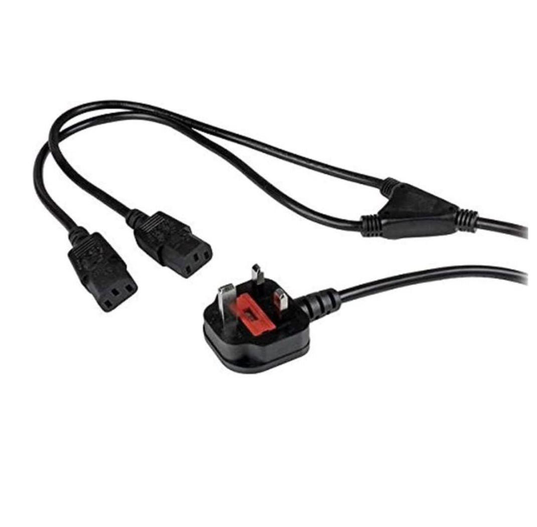 2.5 m Power Cable Y Splitter – BS 1363 to Dual C13, 18AWG, 10A 250V AC Cord for PC, Monitor & Electronics