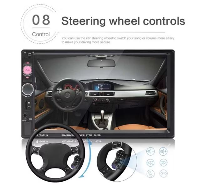 7023B 7 Inch Touch Screen Car MP5 Player with Bluetooth, Phone Link, Rear View Camera & Steering Wheel Remote