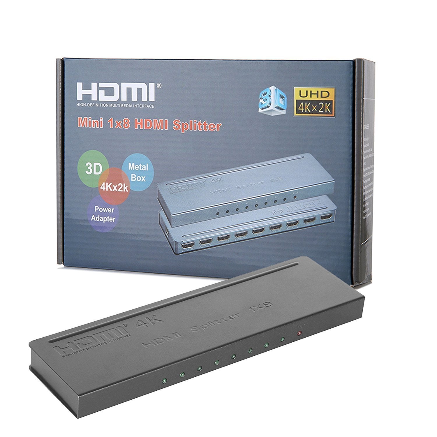 Brand New Slim HDMI Splitter 1x8 – 1 Input 8 Output HDMI Amplifier Switcher Hub | Full HD 4Kx2K, 3D, 1080p Support