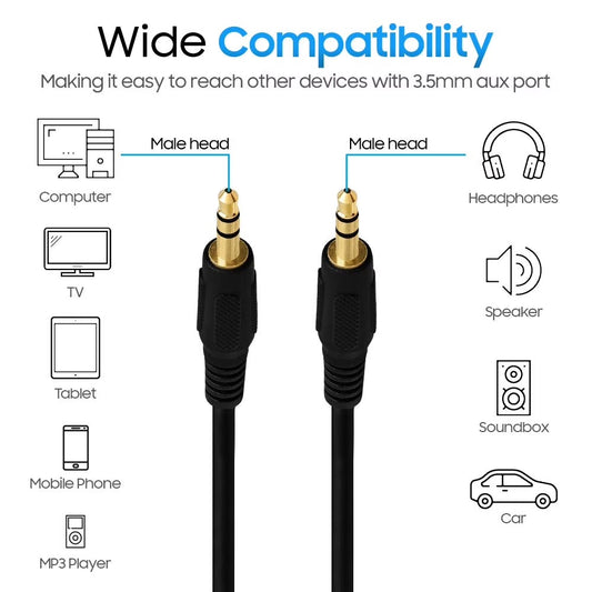 3.5mm to 3.5mm Stereo AUX Cable for Car, Mobile, Laptop, PC & Speakers
