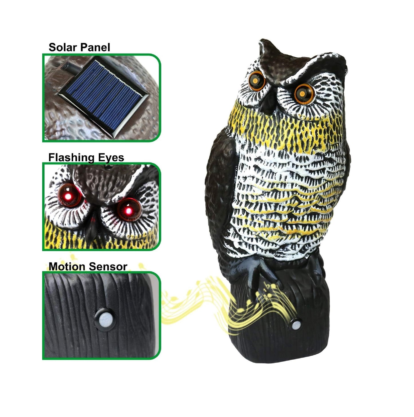Hooting Owl Decoy 16" Solar Motion Sensor– Solar Powered Bird Deterrent with Sound & Red LED Eyes, Motion Activated Fake Owl for Garden Pest Control