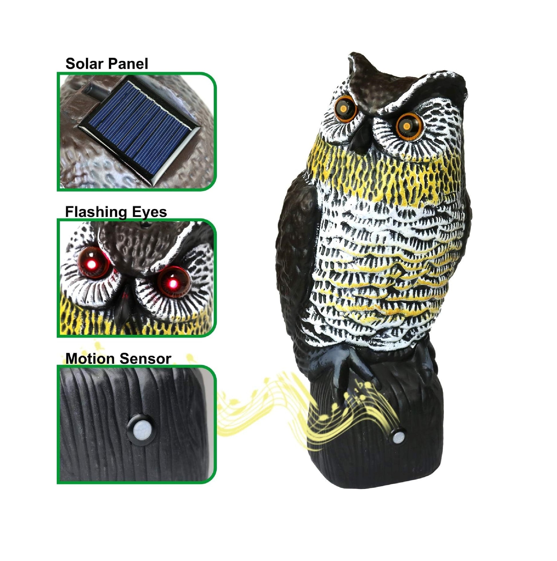 Hooting Owl Decoy 16" Solar Motion Sensor– Solar Powered Bird Deterrent with Sound & Red LED Eyes, Motion Activated Fake Owl for Garden Pest Control
