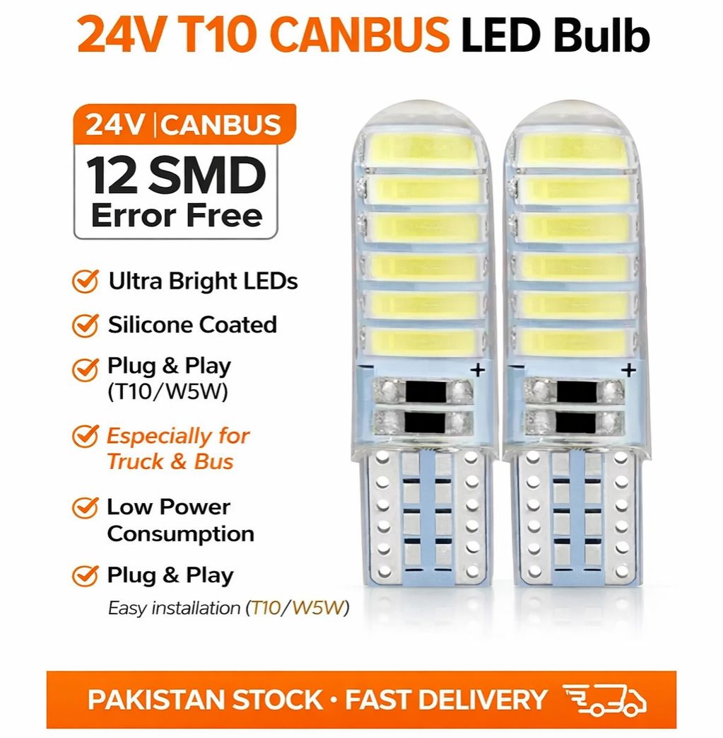24V T10 CANBUS LED Bulb – 12 SMD Silicone Error Free Light for Truck & Bus (Pair)