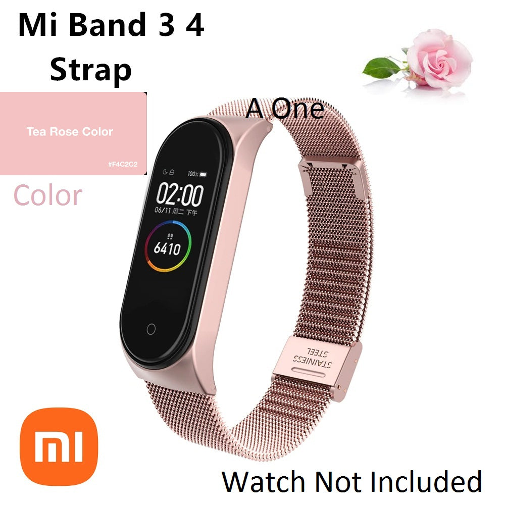 Strap Belt For Xiaomi Mi Band 3/4 Universal Metal Stainless Steel Buckle Milanese Watch Band(Rose Pink)