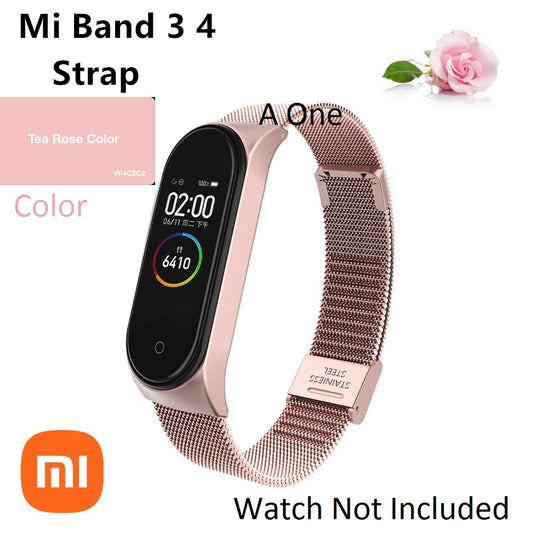 Strap Belt For Xiaomi Mi Band 3/4 Universal Metal Stainless Steel Buckle Milanese Watch Band(Rose Pink)