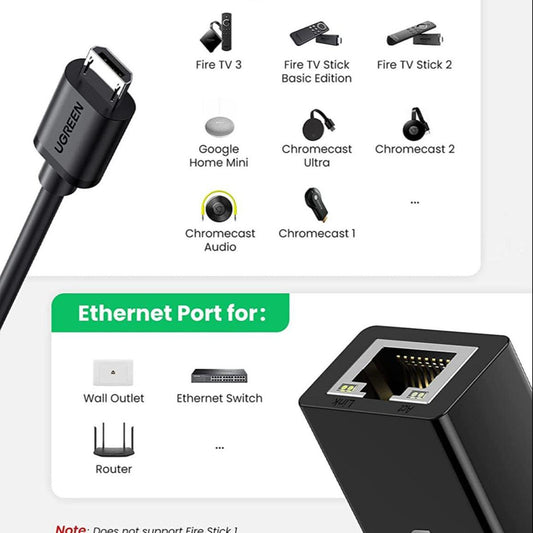 Ethernet Adapter Compatible for FireTV Stick 4K Chromecast Google Home Mini and More Streaming TV Sticks Micro USB to RJ45 Ethernet Network Adapter with USB Power Supply Cable 3.3ft GREEN