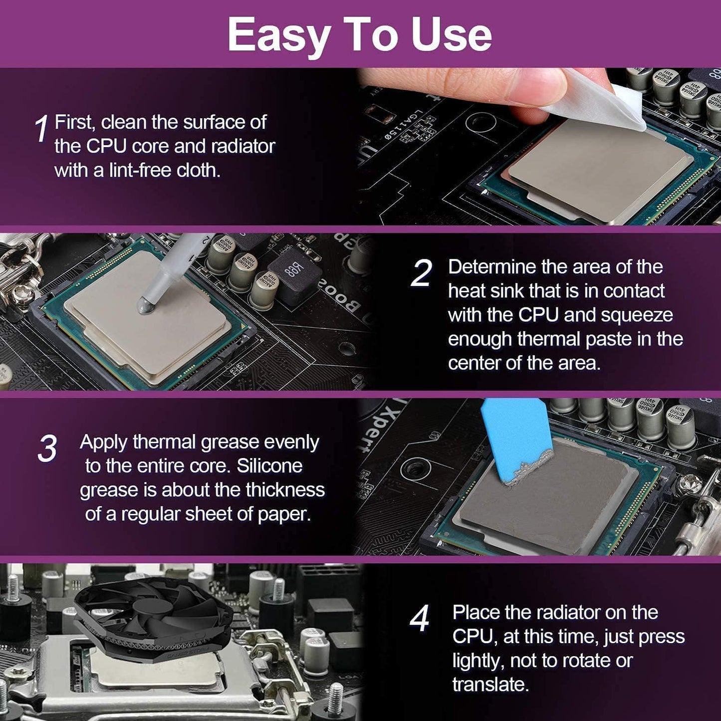 Step-by-step guide on applying thermal paste to a CPU with visual instructions.