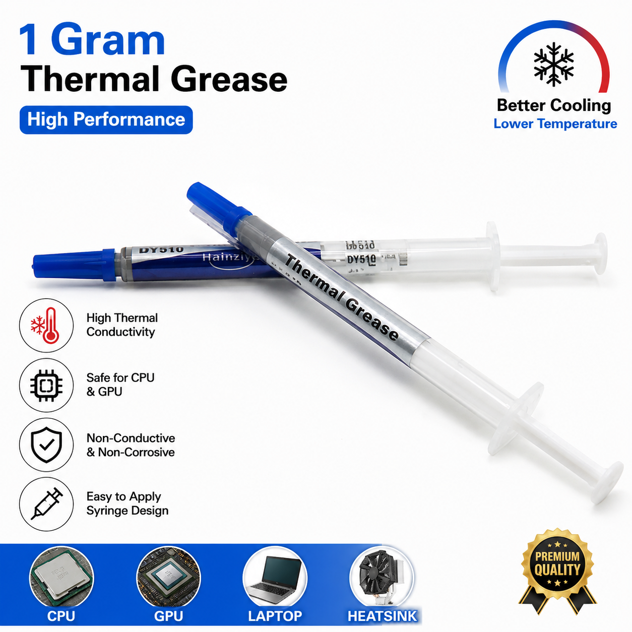 Two syringe-style thermal greases labeled 'Thermal Grease' on a white background, with marketing text including '1 Gram Thermal Grease,' 'High Performance,' cooling benefits, application icons, and a premium quality badge.