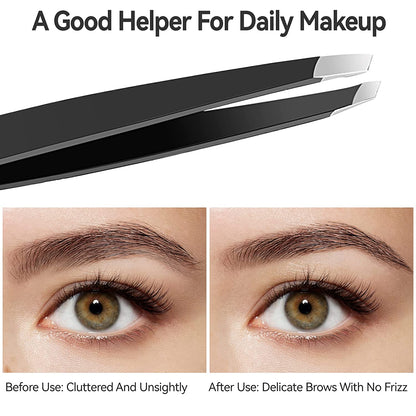 Roofa Spain Deluxe Slant Tip Tweezer Black Stainless Steel Tweezers | Professional Slant Tip For Eyebrows splinter removal, ingrown hair handling | Extra Sharp Hair Removal Tool | For Eyebrow Shaping | For Men And Women