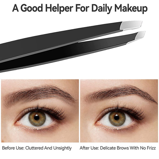 Roofa Spain Deluxe Slant Tip Tweezer Black Stainless Steel Tweezers | Professional Slant Tip For Eyebrows splinter removal, ingrown hair handling | Extra Sharp Hair Removal Tool | For Eyebrow Shaping | For Men And Women