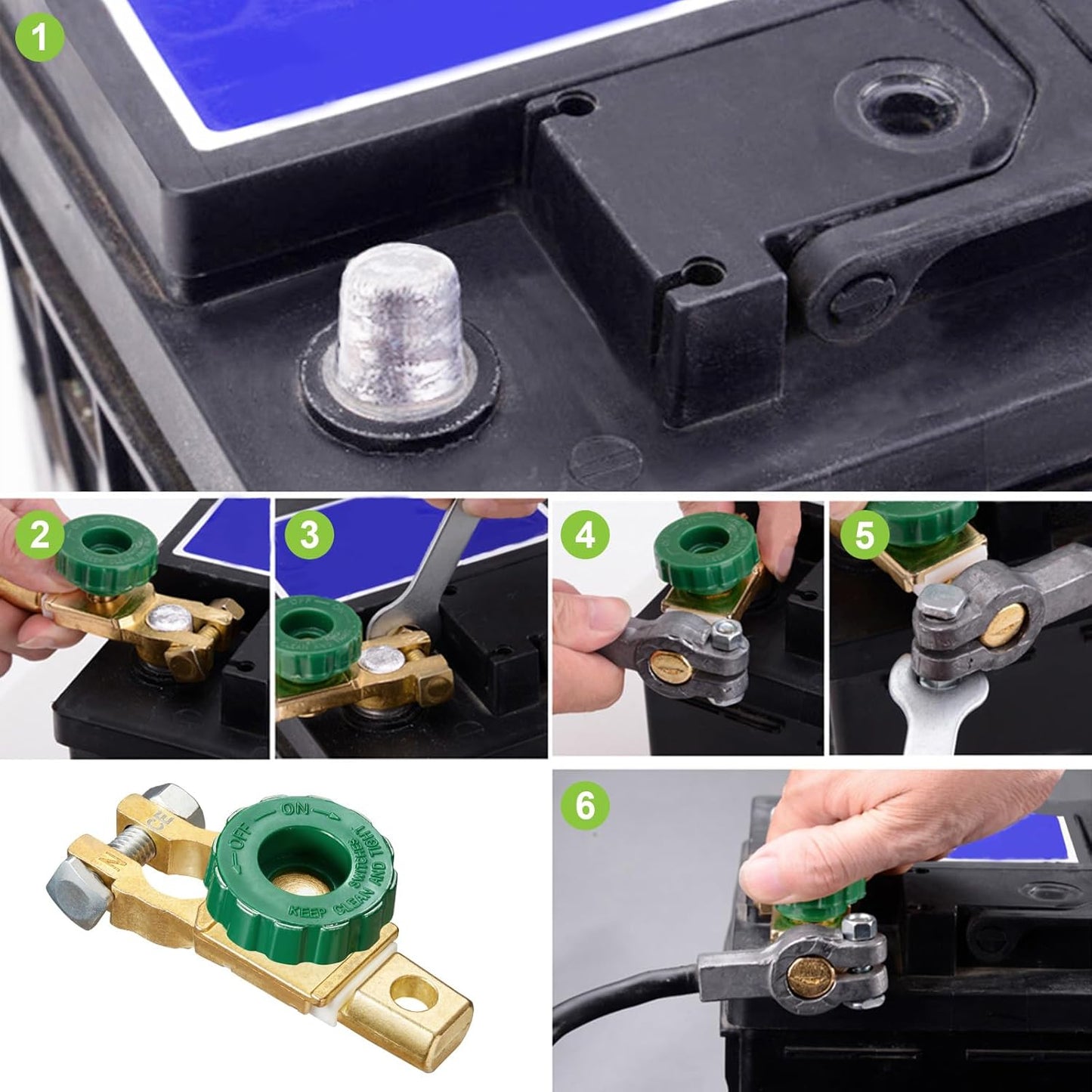 12V–24V Top Post Battery Cut Off Switch with Green Knob – Quick Disconnect Battery Isolator for Cars, Trucks, RVs & Boats