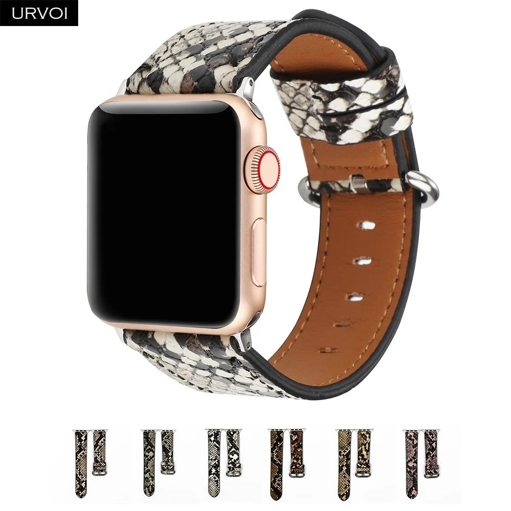 URVOI Leather band for Apple Watch series 10 9 8 7 6 SE 5 4 printing strap for iWatch 42mm-S10 38 40 41mm PU leather microfiber with python modern