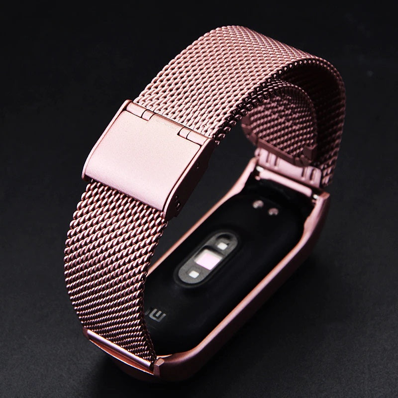 Strap Belt For Xiaomi Mi Band 3/4 Universal Metal Stainless Steel Buckle Milanese Watch Band(Rose Pink)