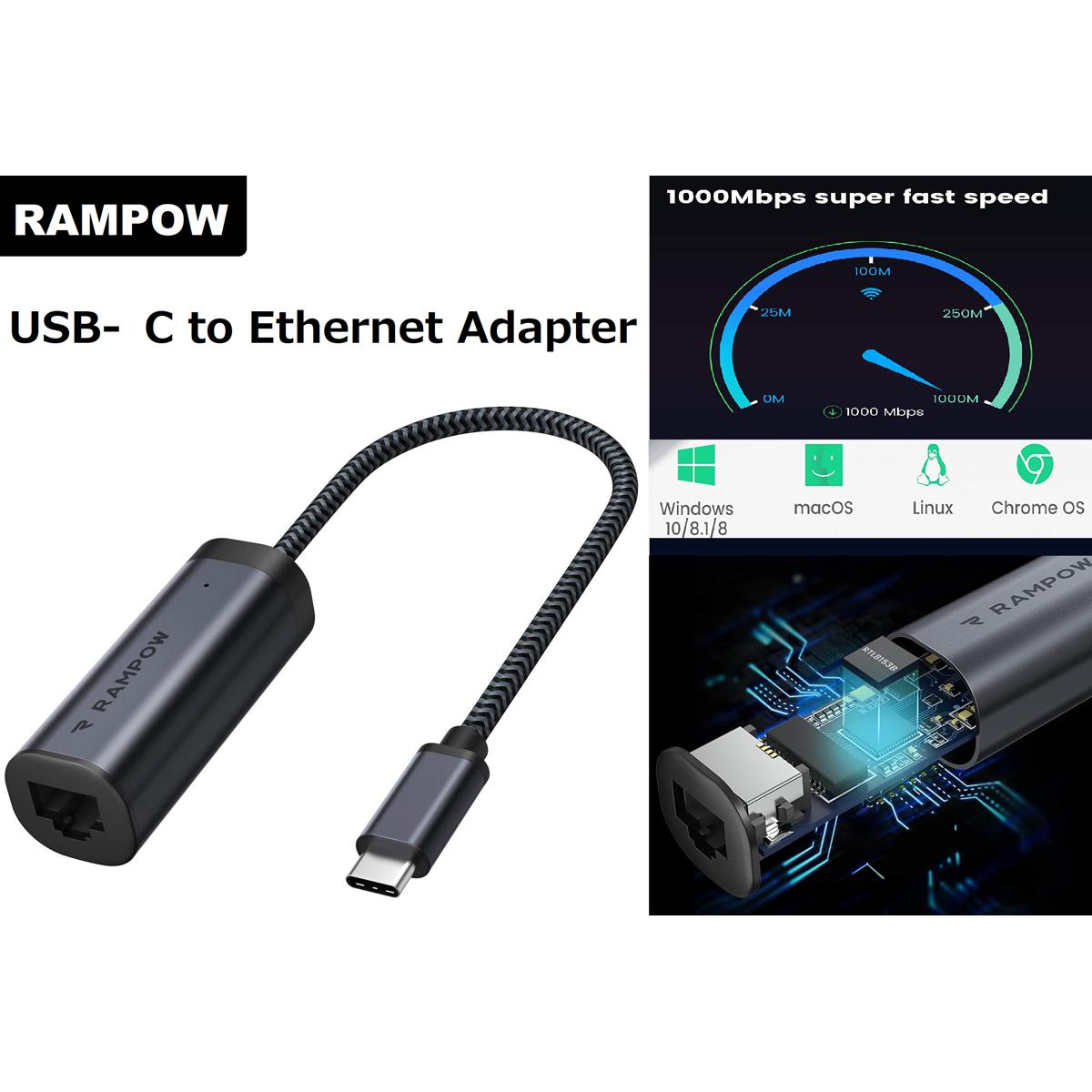 USB C to Ethernet Adapter - 101001000Mbps - Type C to RJ45 Gigabit LAN Network Hub - Gigabit RJ45 Network Adapter Gray