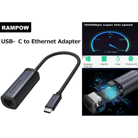 USB C to Ethernet Adapter - 101001000Mbps - Type C to RJ45 Gigabit LAN Network Hub - Gigabit RJ45 Network Adapter Gray