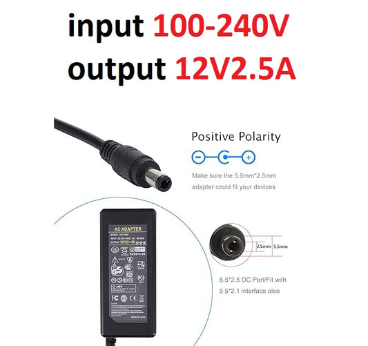 12V 2.5A (30W) AC/DC Power Adapter | 2500mA Power Supply | 5.5×2.1mm DC Plug for CCTV Camera, DVR, NVR, LED Strip Lights, Router, Modem, LCD Monitor & 12V Devices