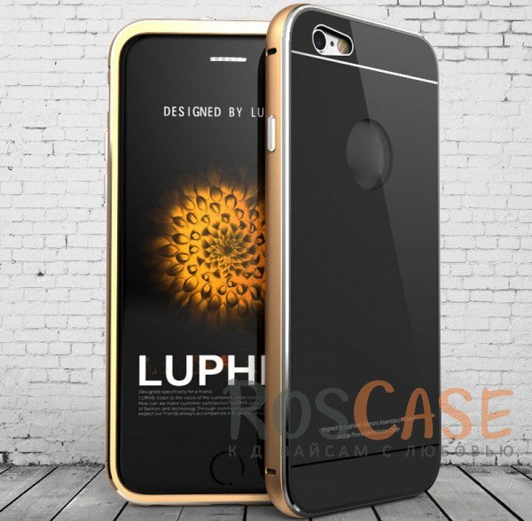 LUPHIE Metal Frame Metal Bumper Back Cover Case for iPhone 6/6s with Glossy Panel (Gold / Black)