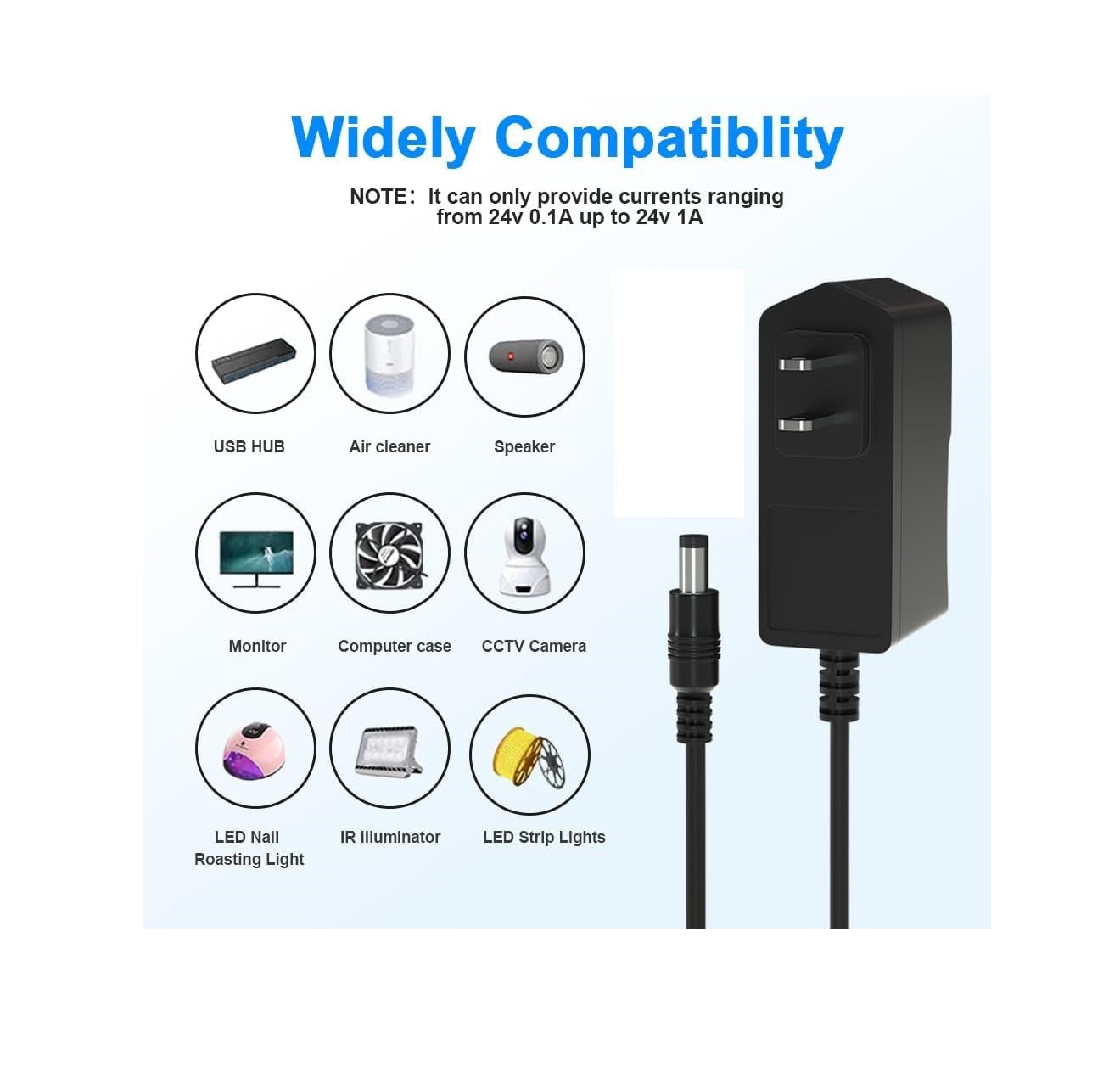 DC 24V 1A Power Supply Adapter 100-240V AC to 24V DC Charger with 5.5mm x 2.5mm Plug – for LED Strip, CCTV Camera, DC Pump & Electronics